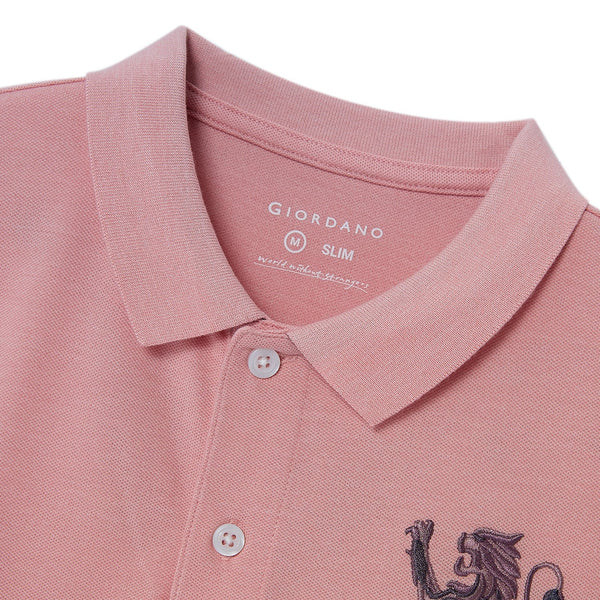 Cotton/Lycra Pique Flat Knitted Collar Short Sleeve Slim Embroidery Lion Polo
