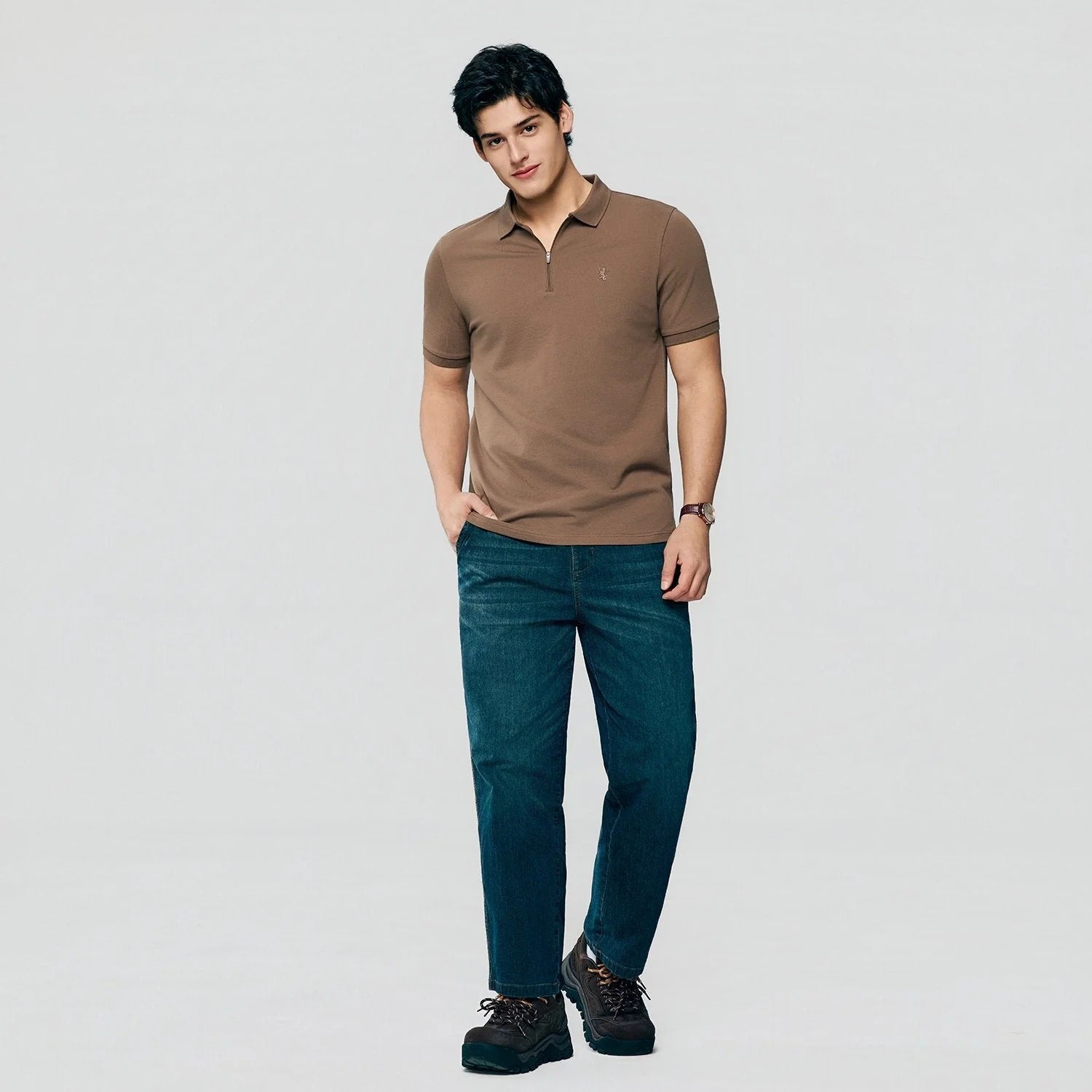 Men's Slim Fit Small Lion Zipper Polo