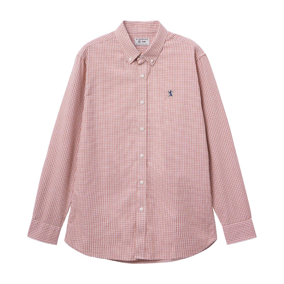 قميص قطني أكسفورد بأكمام طويلة وقصة ضيقة مطرزة، قابل للغسل