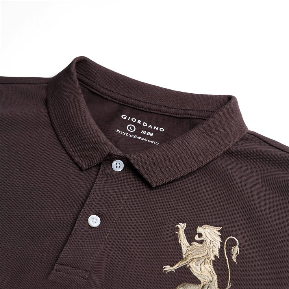 Men's Slim Fit 3D Lion Embroidery Lycra Pique Polo