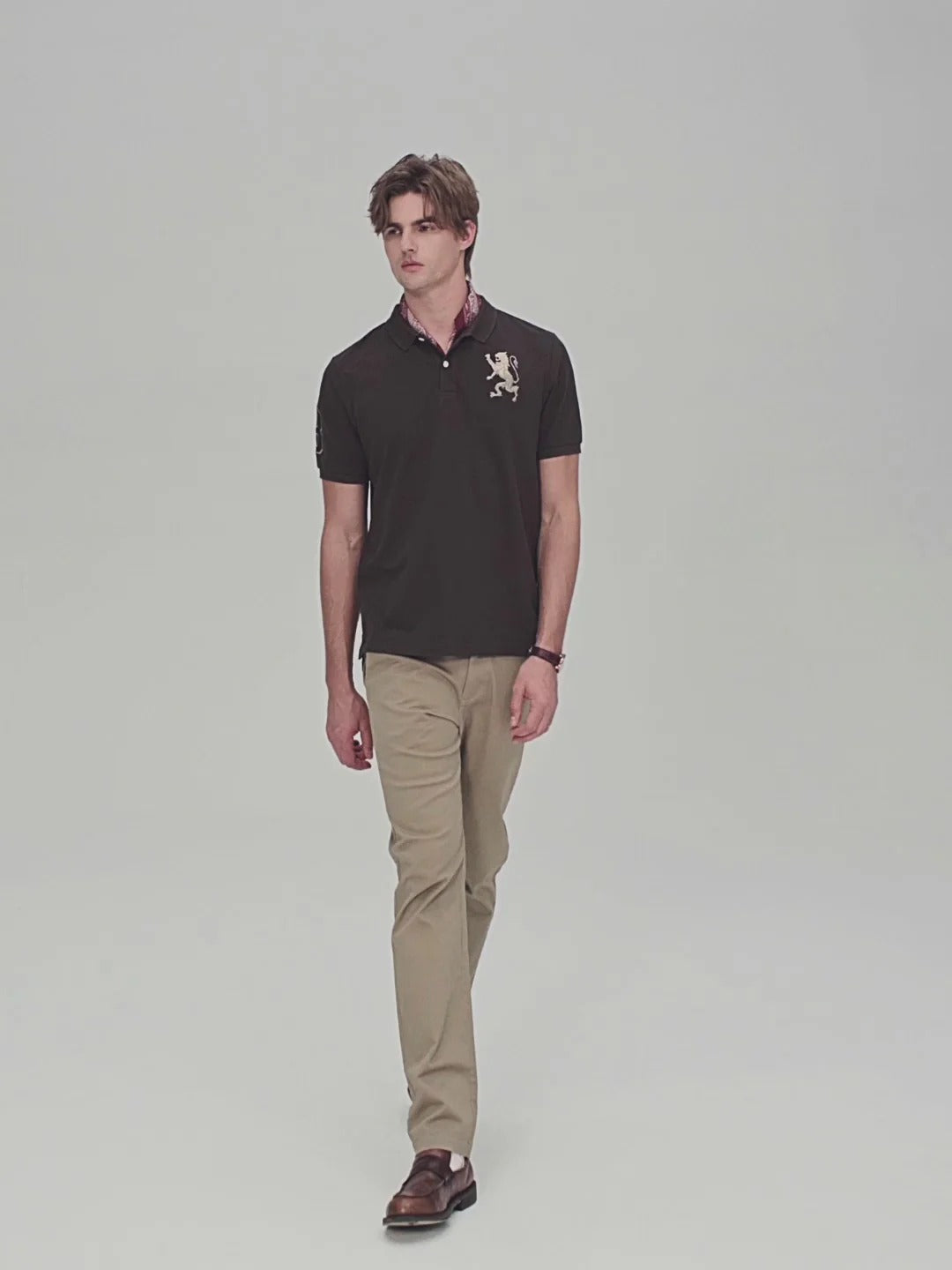 Men's Slim Fit 3D Lion Embroidery Lycra Pique Polo