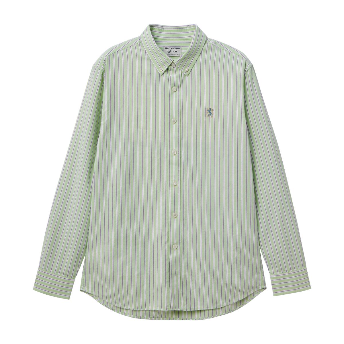 قميص قطني أكسفورد بأكمام طويلة وقصة ضيقة مطرزة، قابل للغسل