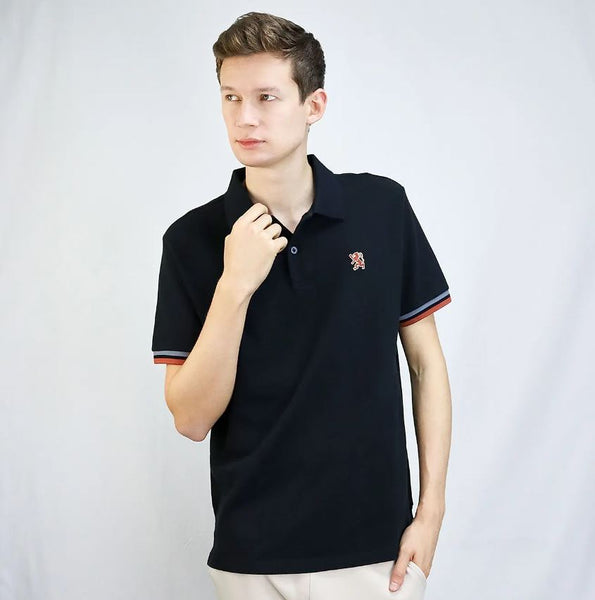 Cotton Pique Knitted Collar Short Sleeve Tapered Embroidery Polo (Solid Lion)