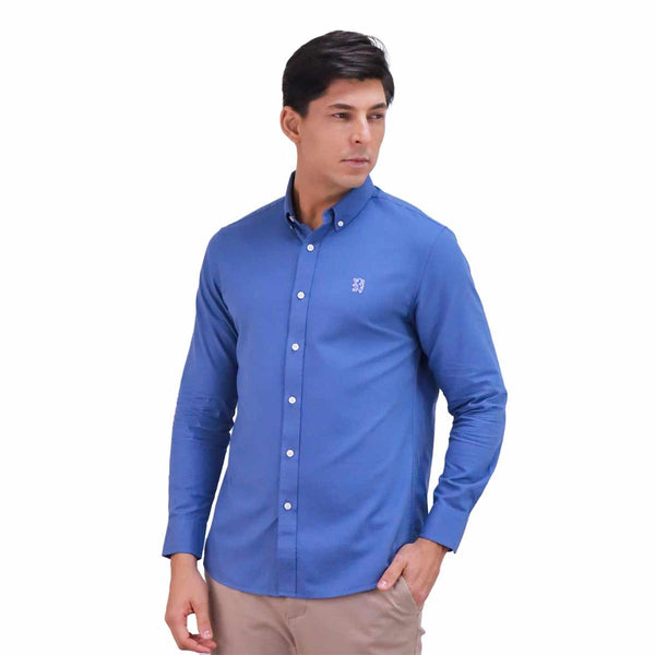 Cotton Oxford Long Sleeve Slim Embroidery Garment Wash Shirt