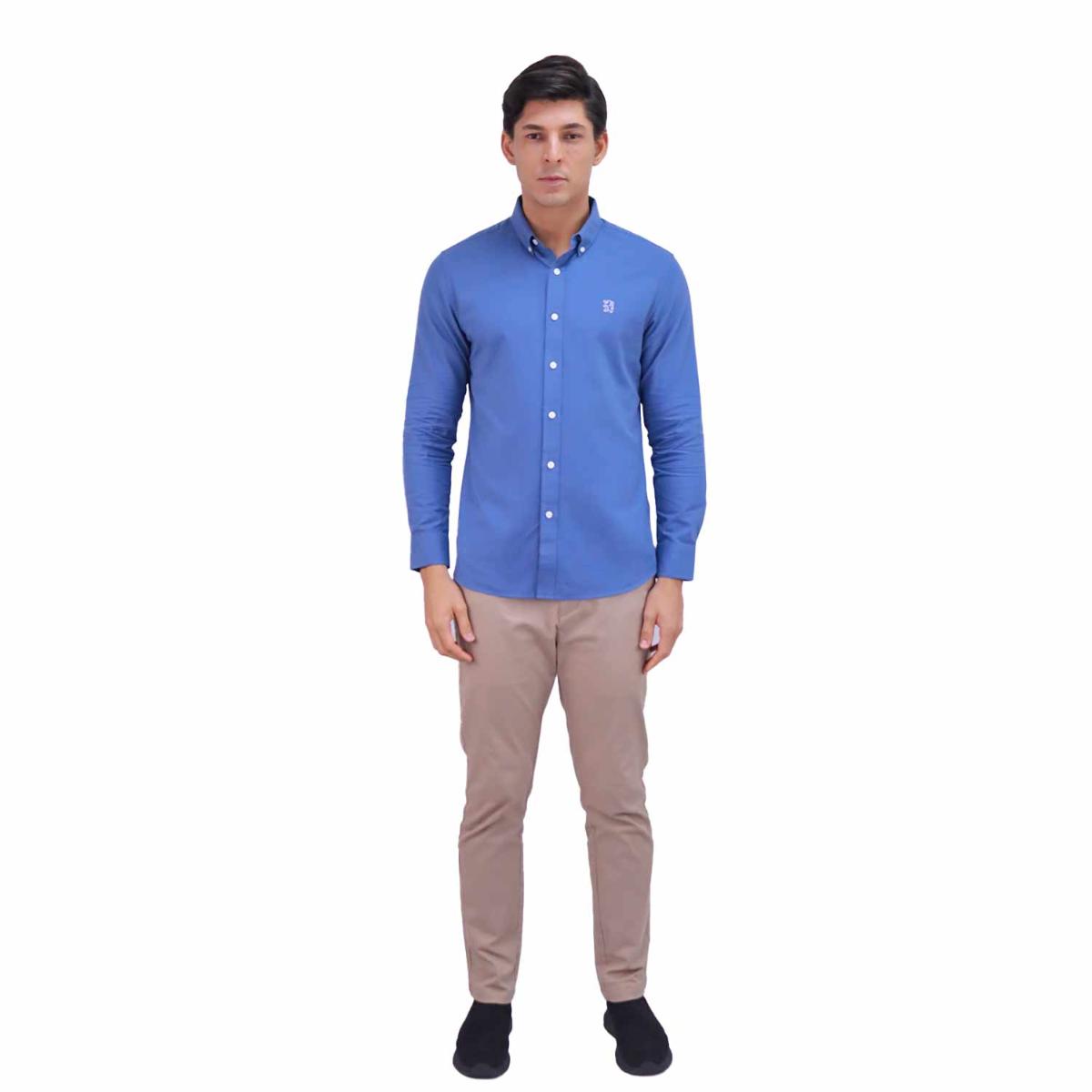 قميص قطني أكسفورد بأكمام طويلة وقصة ضيقة مطرزة، قابل للغسل