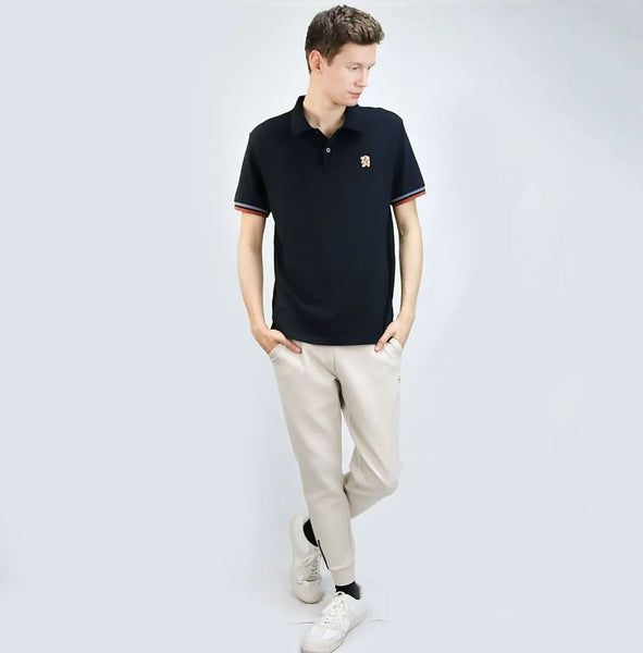 Cotton Pique Knitted Collar Short Sleeve Tapered Embroidery Polo (Solid Lion)