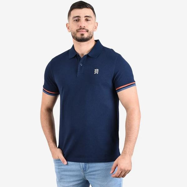 Cotton Pique Knitted Collar Short Sleeve Tapered Embroidery Polo (Solid Lion)