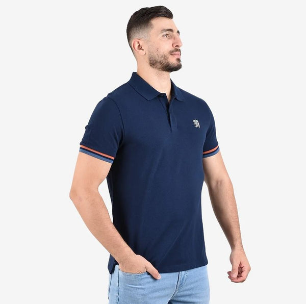 Cotton Pique Knitted Collar Short Sleeve Tapered Embroidery Polo (Solid Lion)