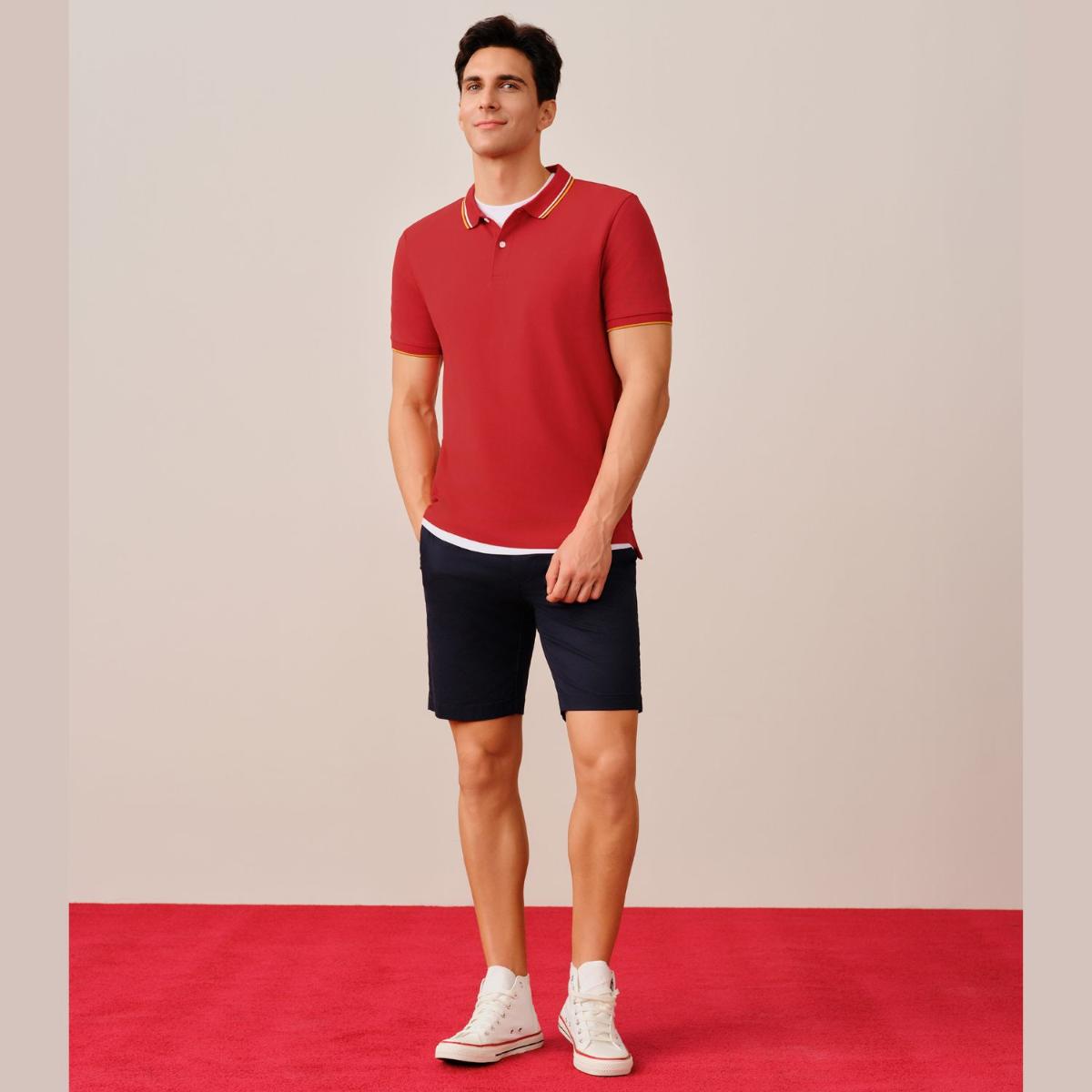 قميص بولو قطني/ليكرا بيكيه بياقة محبوكة وأكمام قصيرة وقصة ضيقة بلون موحد