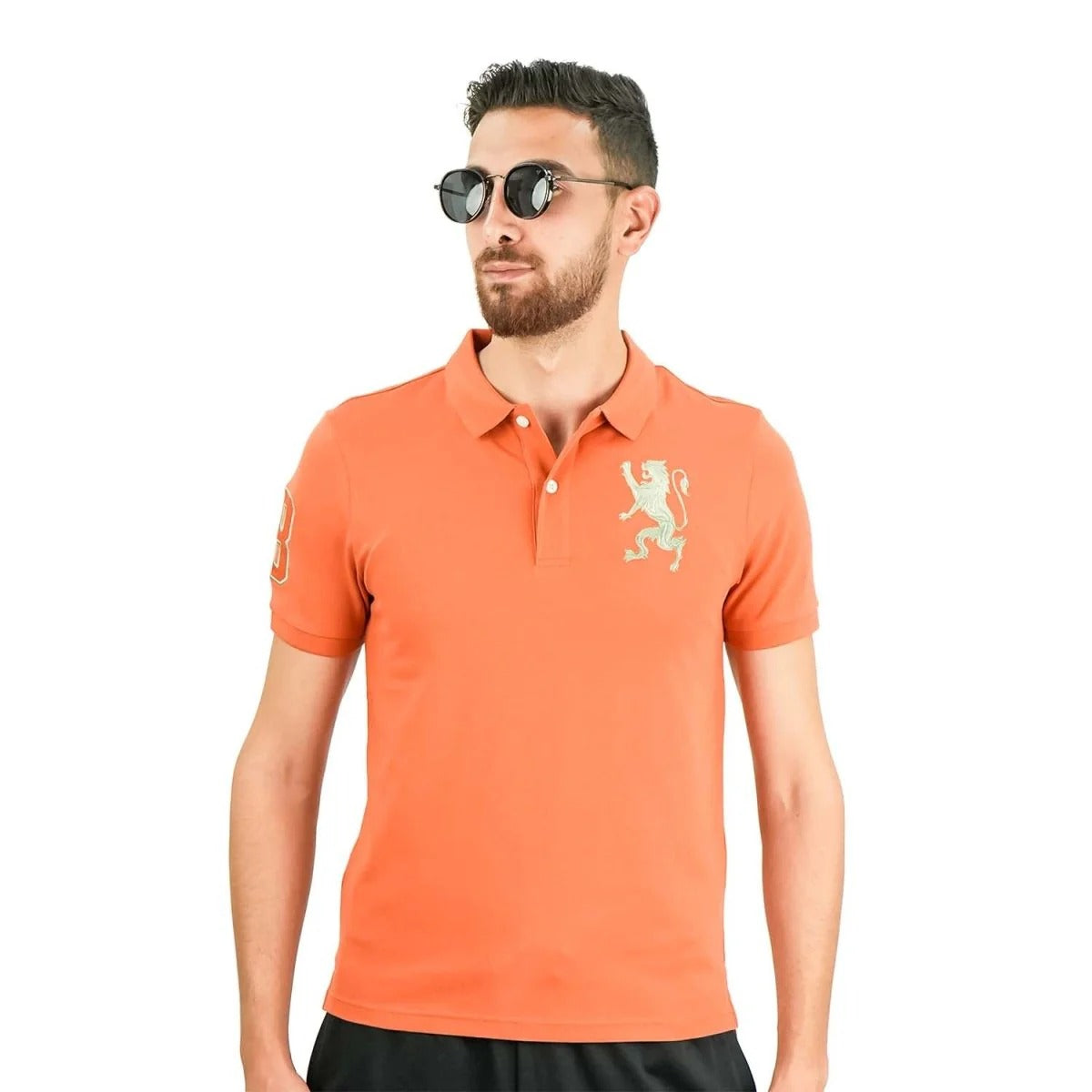 Cotton/Lycra Pique Flat Knitted Collar Short Sleeve Slim Embroidery Lion Polo