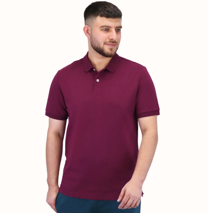 قميص بولو قطني/ليكرا بيكيه بياقة محبوكة وأكمام قصيرة وقصة ضيقة بلون موحد