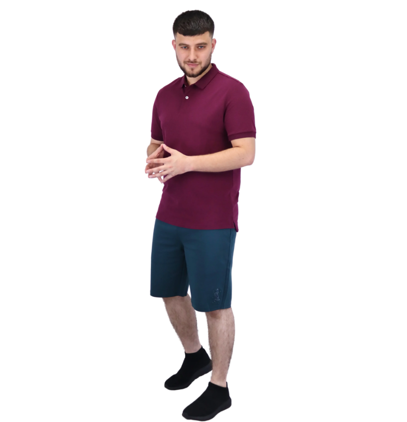 قميص بولو قطني/ليكرا بيكيه بياقة محبوكة وأكمام قصيرة وقصة ضيقة بلون موحد