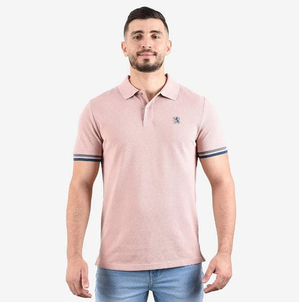 Cotton Pique Knitted Collar Short Sleeve Tapered Embroidery Polo (Solid Lion)