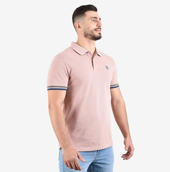 Cotton Pique Knitted Collar Short Sleeve Tapered Embroidery Polo (Solid Lion)