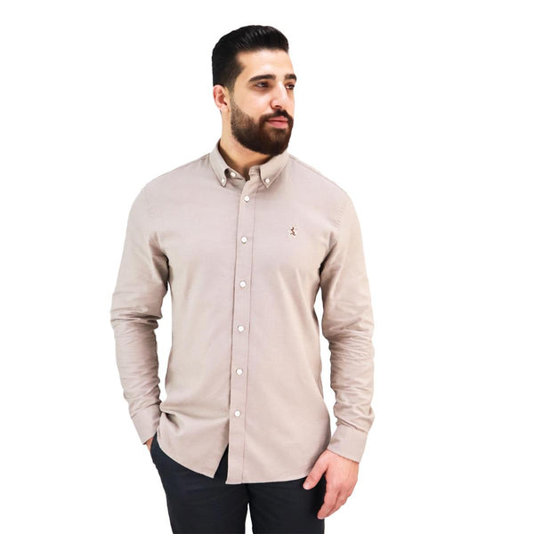 Cotton Oxford Long Sleeve Slim Embroidery Garment Wash Shirt