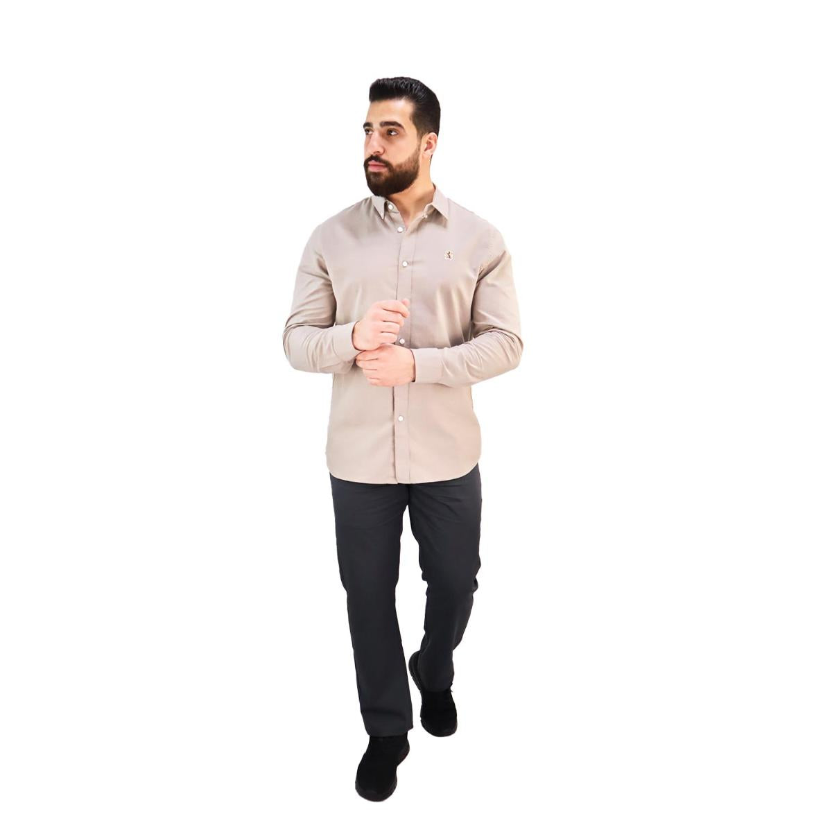 قميص قطني أكسفورد بأكمام طويلة وقصة ضيقة مطرزة، قابل للغسل