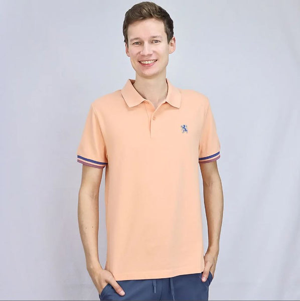 Cotton Pique Knitted Collar Short Sleeve Tapered Embroidery Polo (Solid Lion)