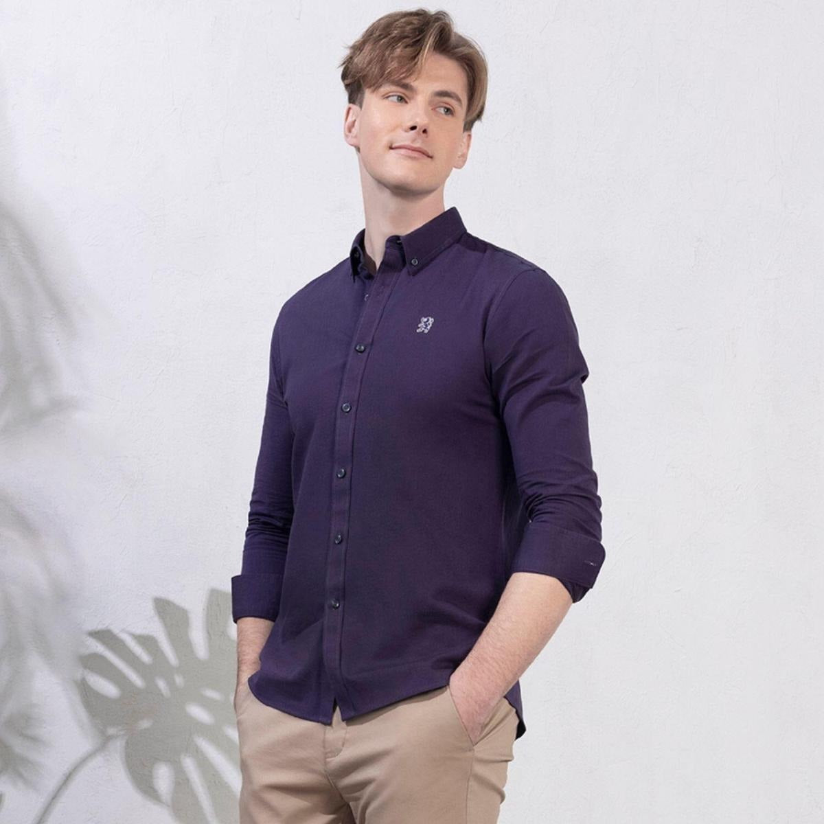 Cotton Oxford Flannel Long Sleeve Slim Embroidery Garment Wash Shirt