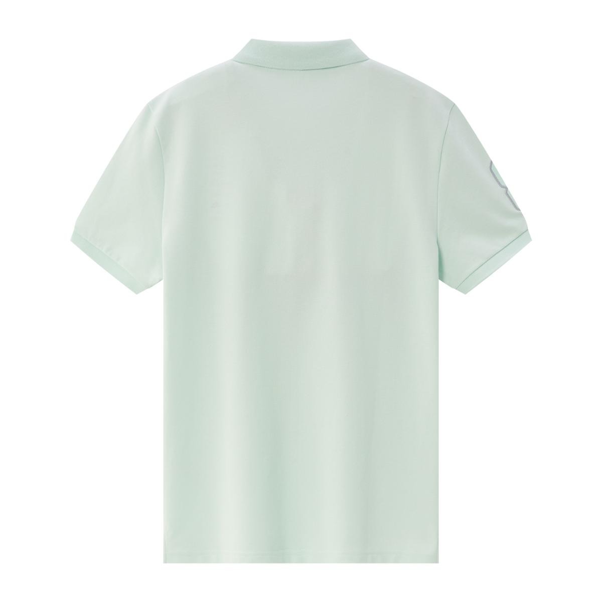 قميص بولو نابليون قصير الأكمام مطرز بتطريز رفيع، مصنوع من قماش البيكيه القطني/الليكرا، بياقة محبوكة مسطحة