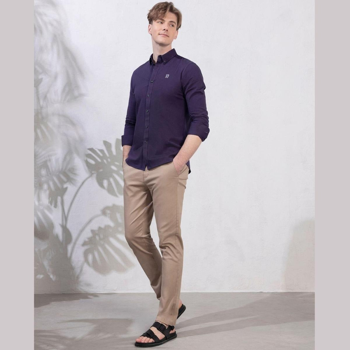 قميص قطني أكسفورد فلانيل بأكمام طويلة وقصة ضيقة مطرزة، قابل للغسل