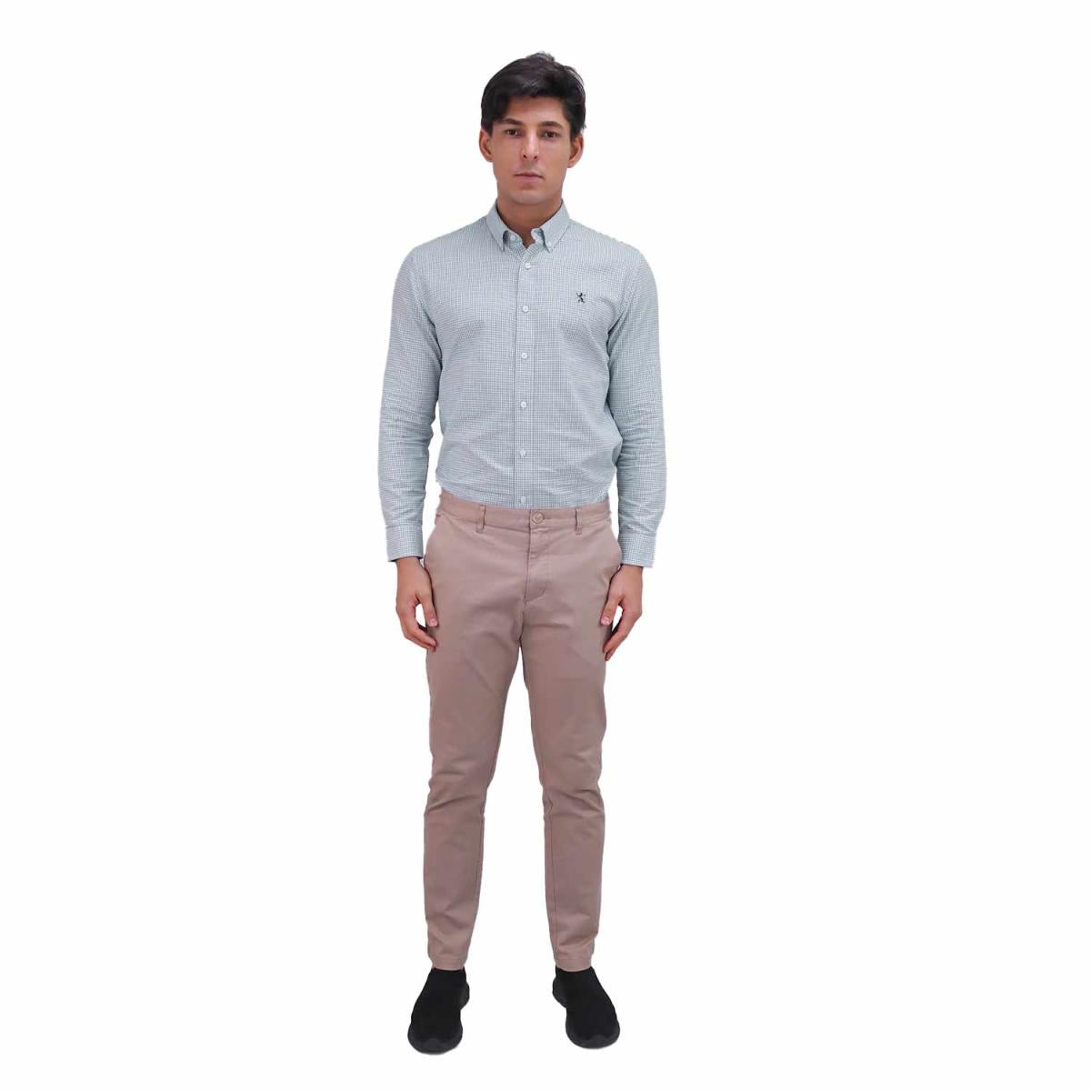 قميص قطني أكسفورد بأكمام طويلة وقصة ضيقة مطرزة، قابل للغسل