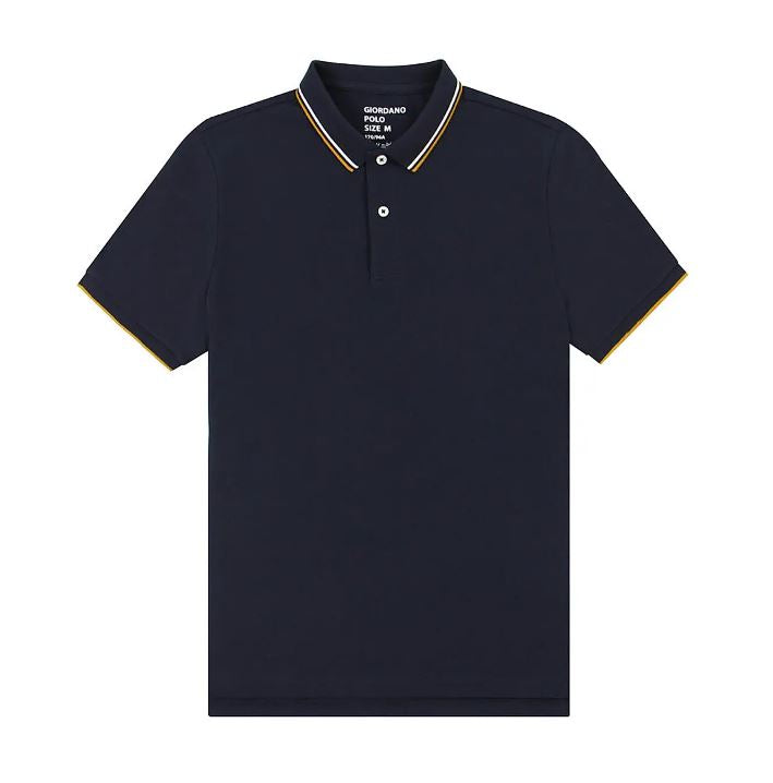 قميص بولو قطني/ليكرا بيكيه بياقة محبوكة وأكمام قصيرة وقصة ضيقة بلون موحد