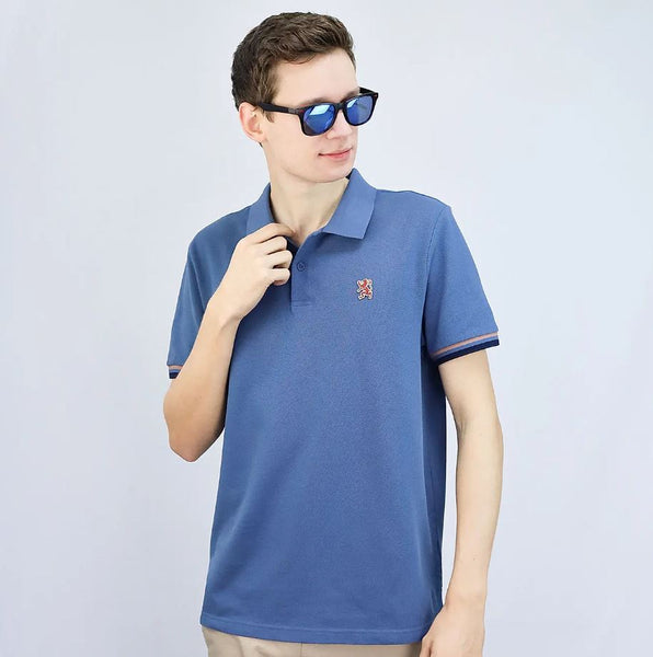 Cotton Pique Knitted Collar Short Sleeve Tapered Embroidery Polo (Solid Lion)