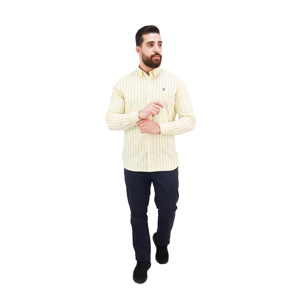 قميص قطني أكسفورد بأكمام طويلة وقصة ضيقة مطرزة، قابل للغسل