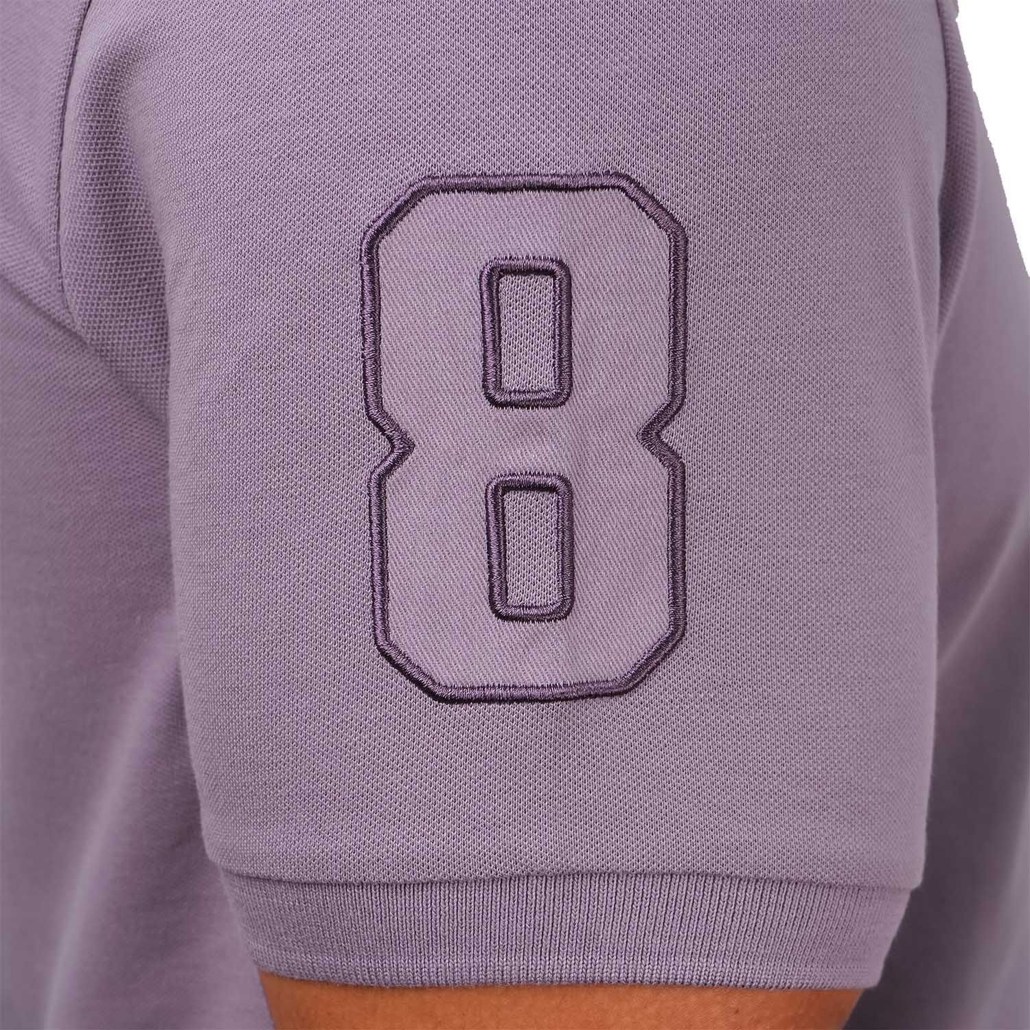 قميص بولو نابليون قصير الأكمام مطرز بتطريز رفيع، مصنوع من قماش البيكيه القطني/الليكرا، بياقة محبوكة مسطحة