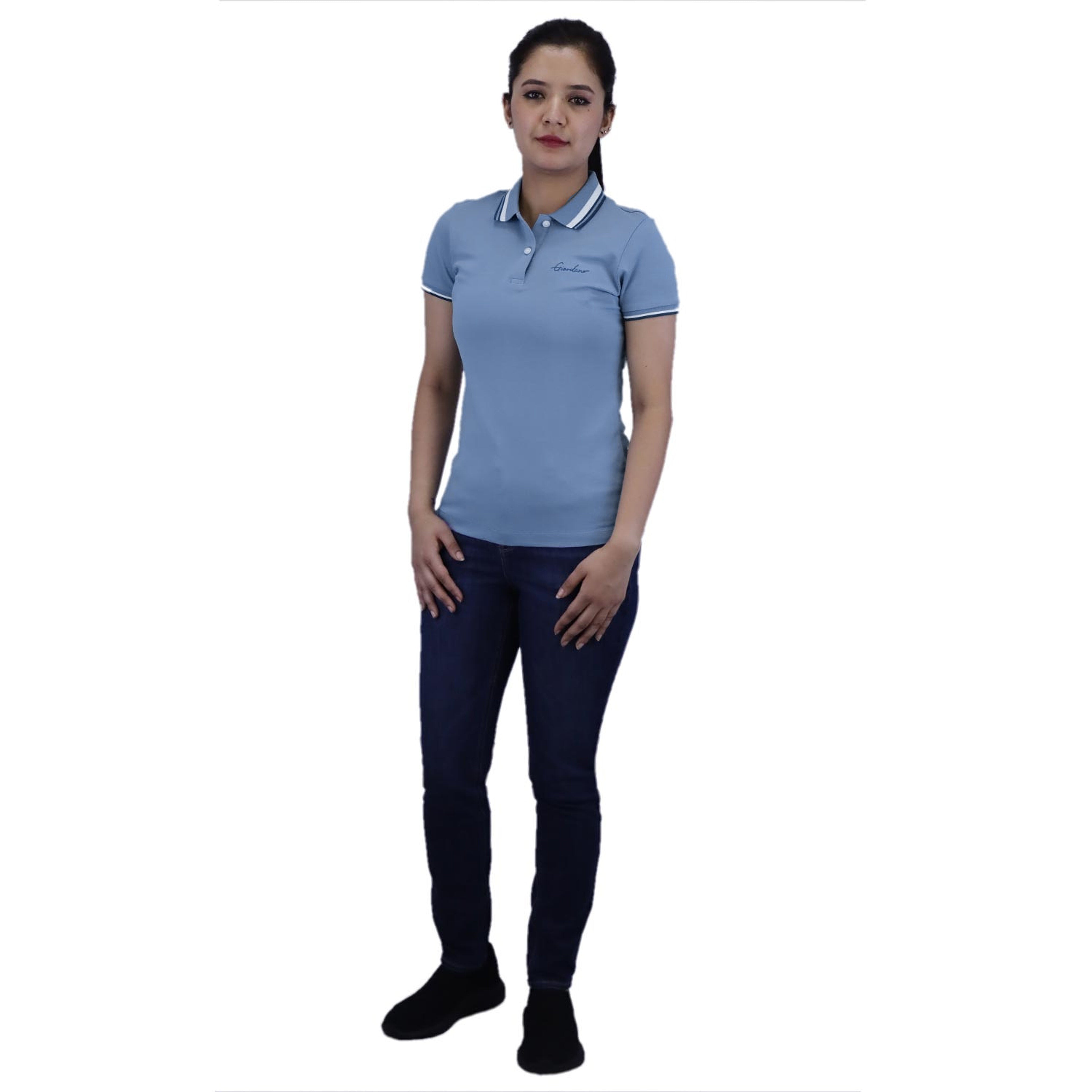 Women Cotton/Lycra Pique Flat Knitted Collar Short Sleeve Classic Slim Embroidery Polo