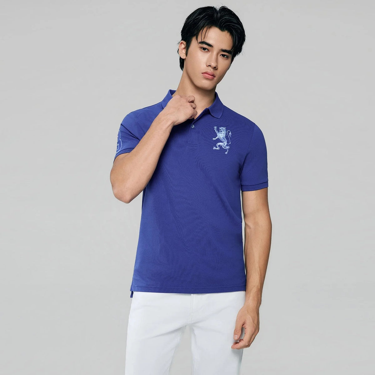 Men's Slim Fit 3D Lion Embroidery Lycra Pique Polo