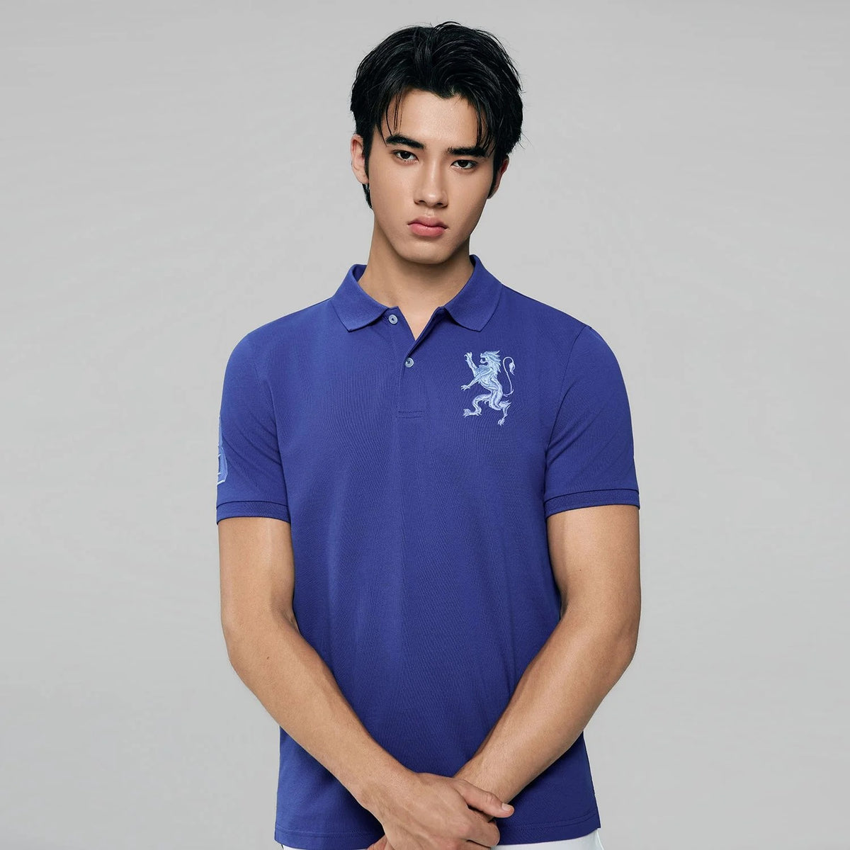 Men's Slim Fit 3D Lion Embroidery Lycra Pique Polo