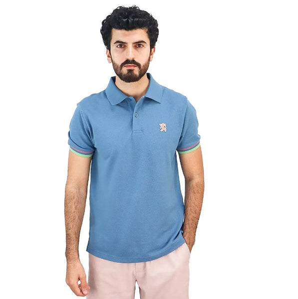 Cotton Pique Knitted Collar Short Sleeve Tapered Embroidery Polo (Solid Lion)