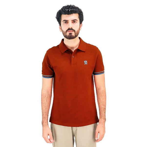 Cotton Pique Knitted Collar Short Sleeve Tapered Embroidery Polo (Solid Lion)