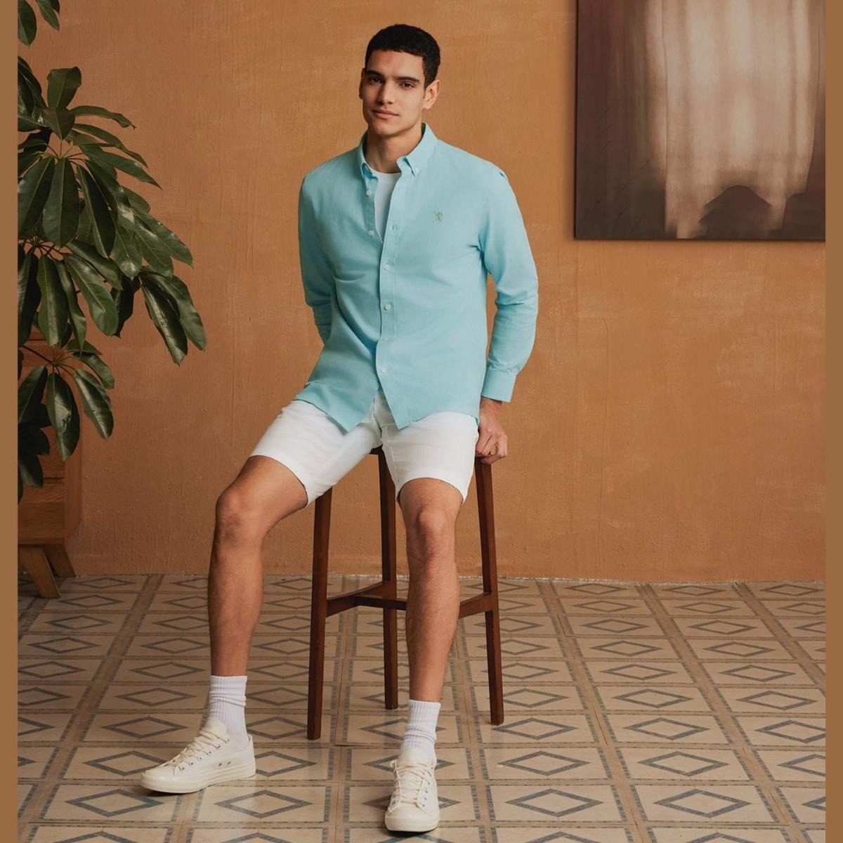 قميص قطني أكسفورد فلانيل بأكمام طويلة وقصة ضيقة مطرزة، قابل للغسل