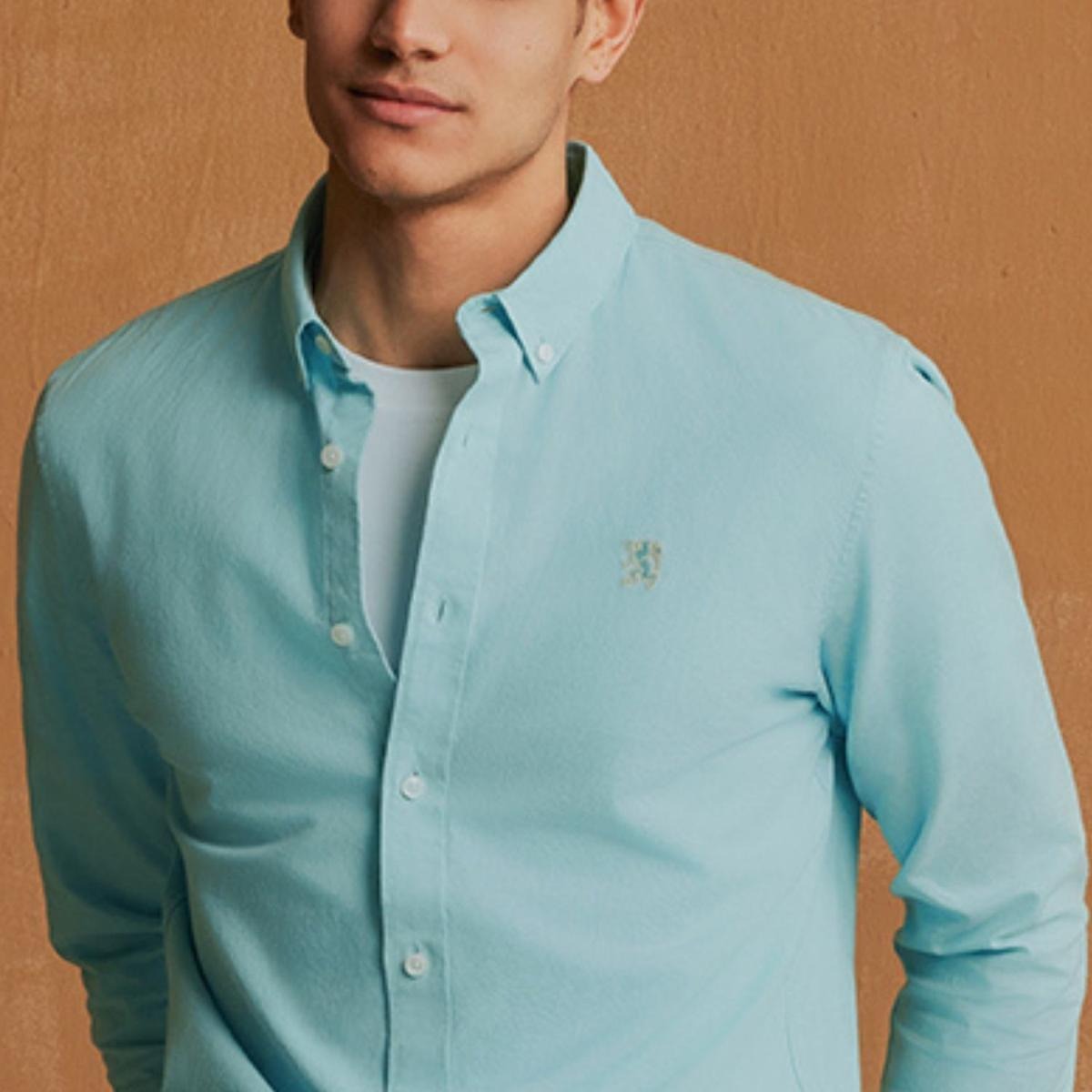 قميص قطني أكسفورد فلانيل بأكمام طويلة وقصة ضيقة مطرزة، قابل للغسل