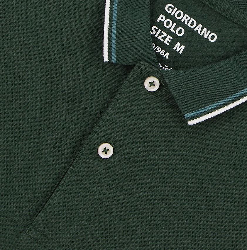 قميص بولو قطني/ليكرا بيكيه بياقة محبوكة وأكمام قصيرة وقصة ضيقة بلون موحد