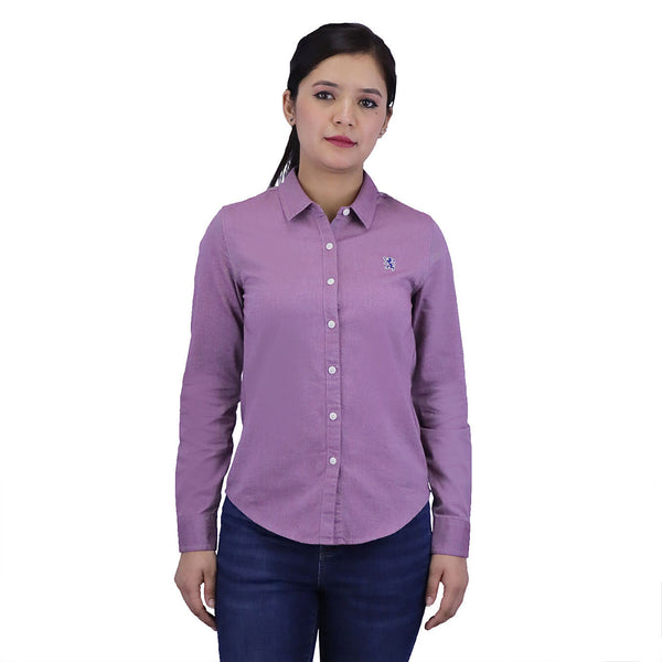 Women Cotton Oxford Collar Long Sleeve Slim Embroidery Garment Wash Shirt