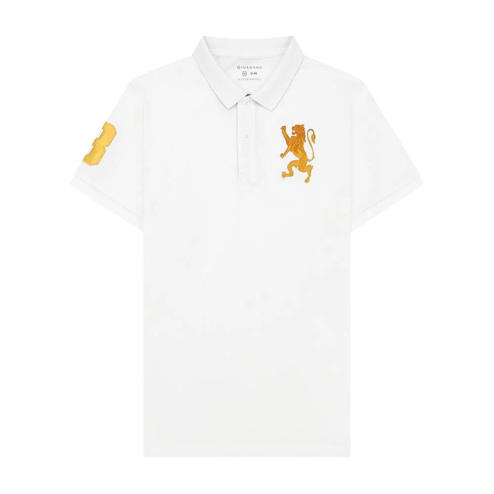 Cotton/Lycra Pique Flat Knitted Collar Short Sleeve Slim Embroidery Lion Polo
