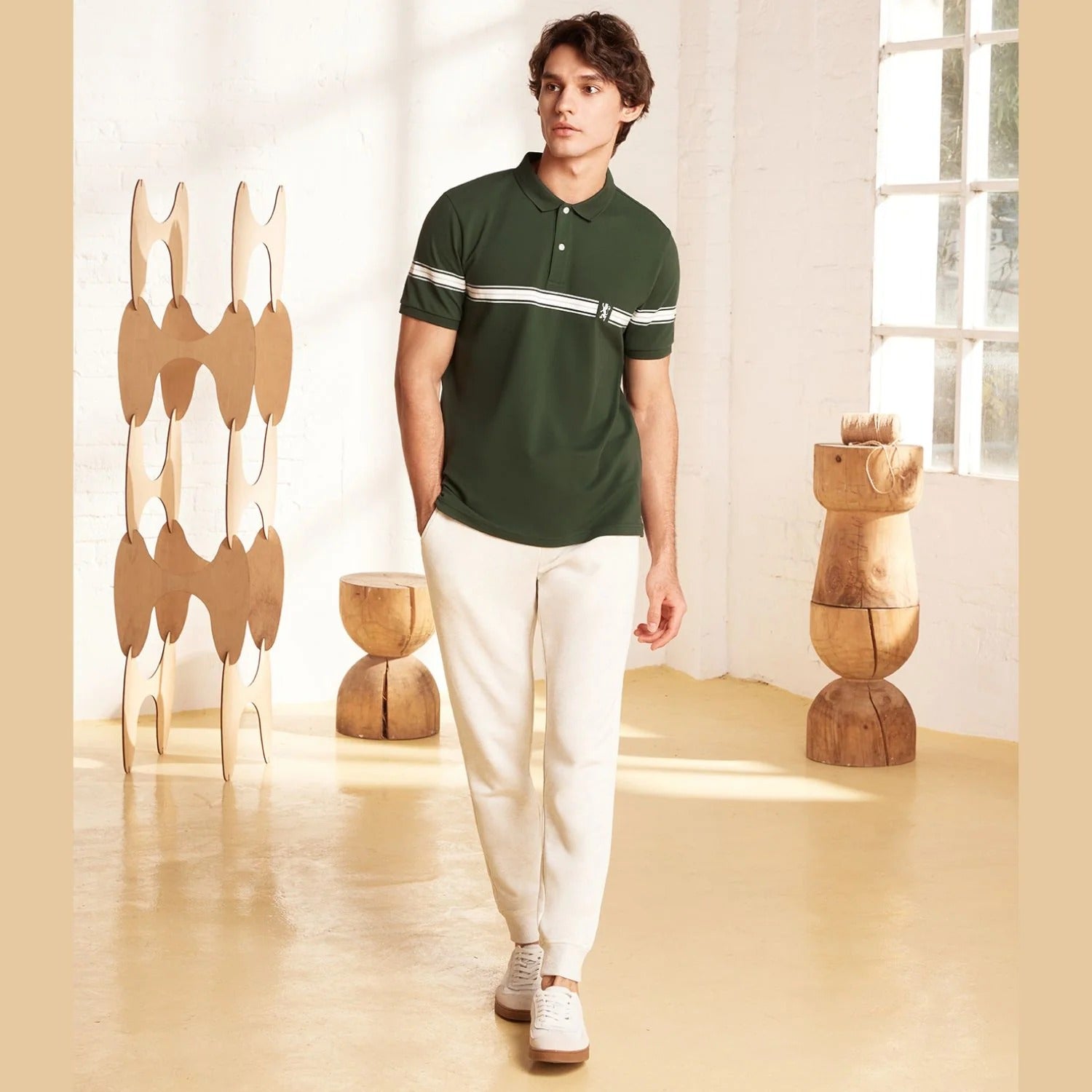 بنطال رياضي متوسط ​​الارتفاع بقصة ضيقة ومطاطية من القطن/البوليستر من قماش تيري فرنسي