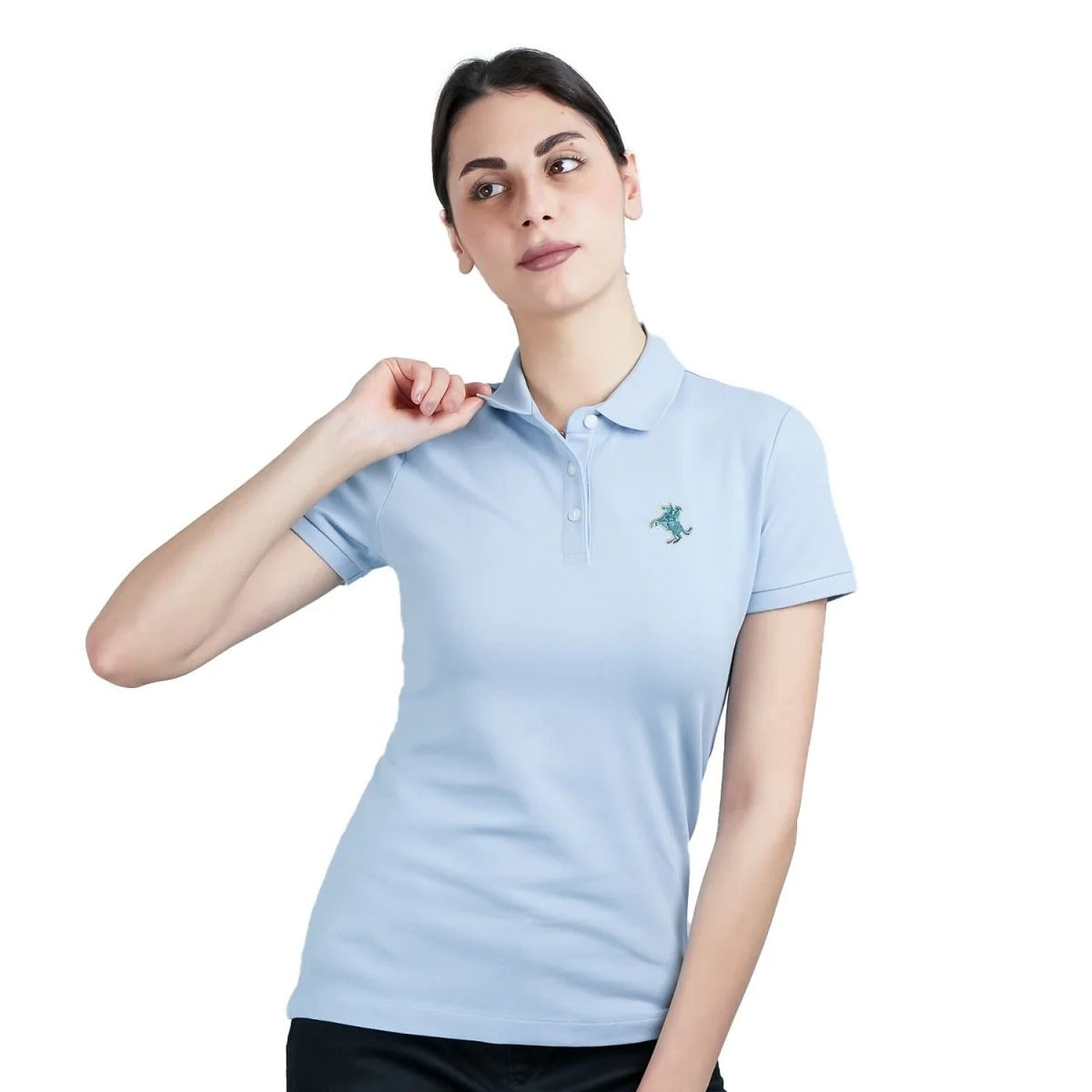 Women Cotton/Lycra Pique Flat Knitted Collar Short Sleeve Embroidery Bold Polo