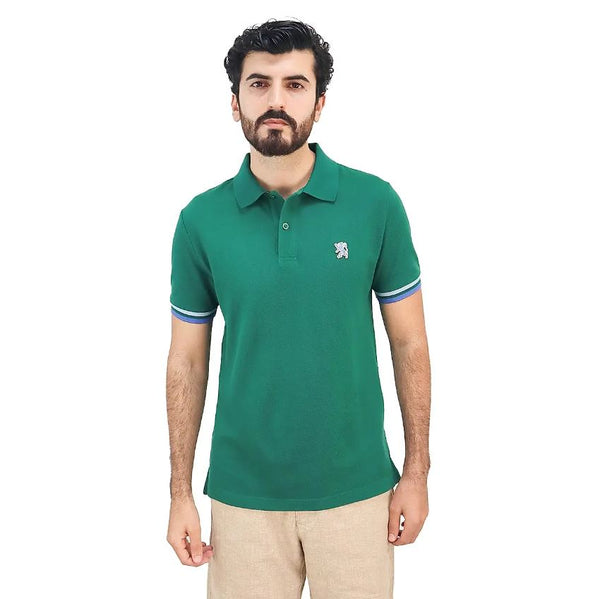 Cotton Pique Knitted Collar Short Sleeve Tapered Embroidery Polo (Solid Lion)