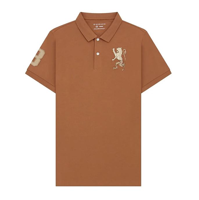 قميص بولو قصير الأكمام بتطريز جريء، مصنوع من القطن/ليكرا بيكيه، بياقة محبوكة