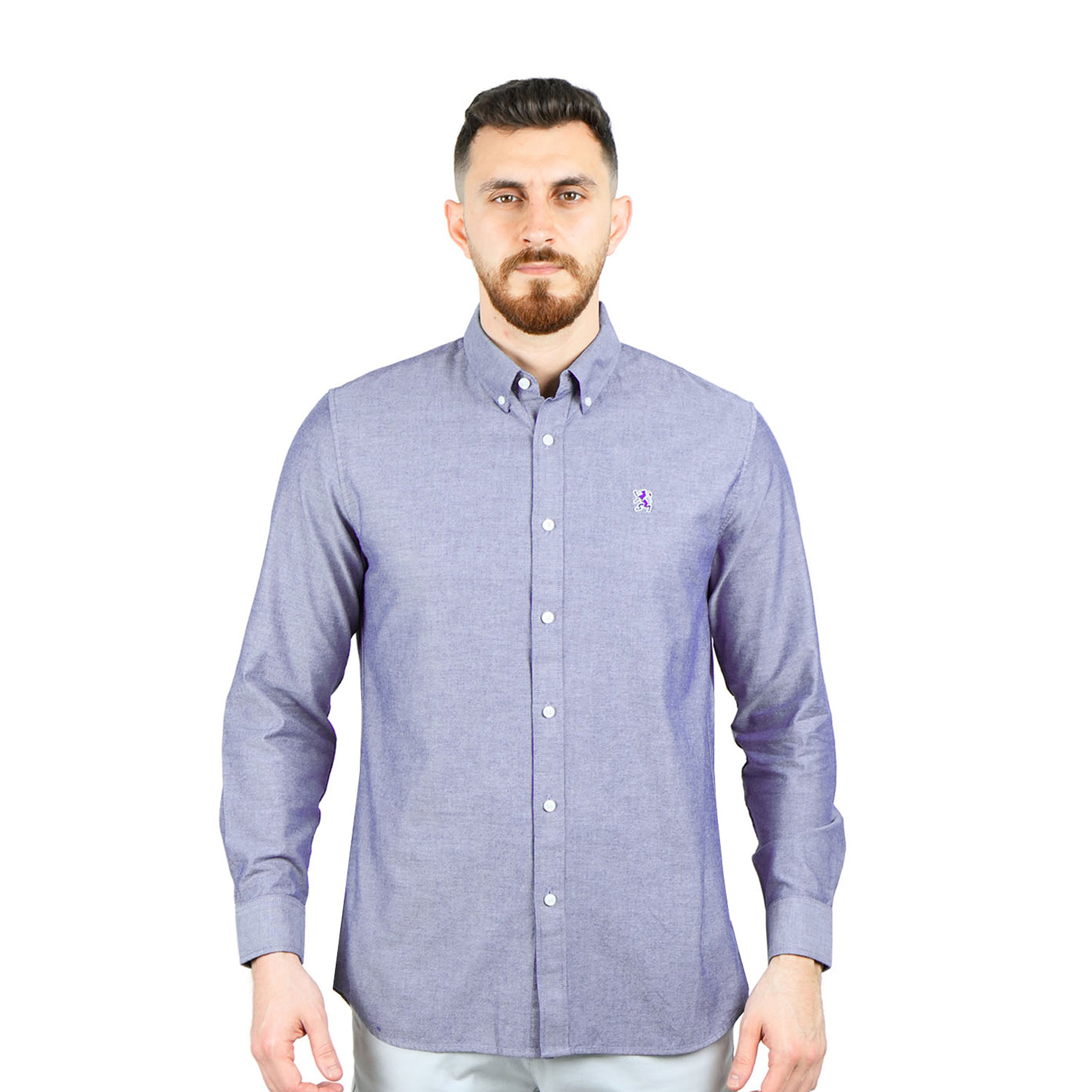قميص قطني أكسفورد بأكمام طويلة وقصة ضيقة مطرزة، قابل للغسل