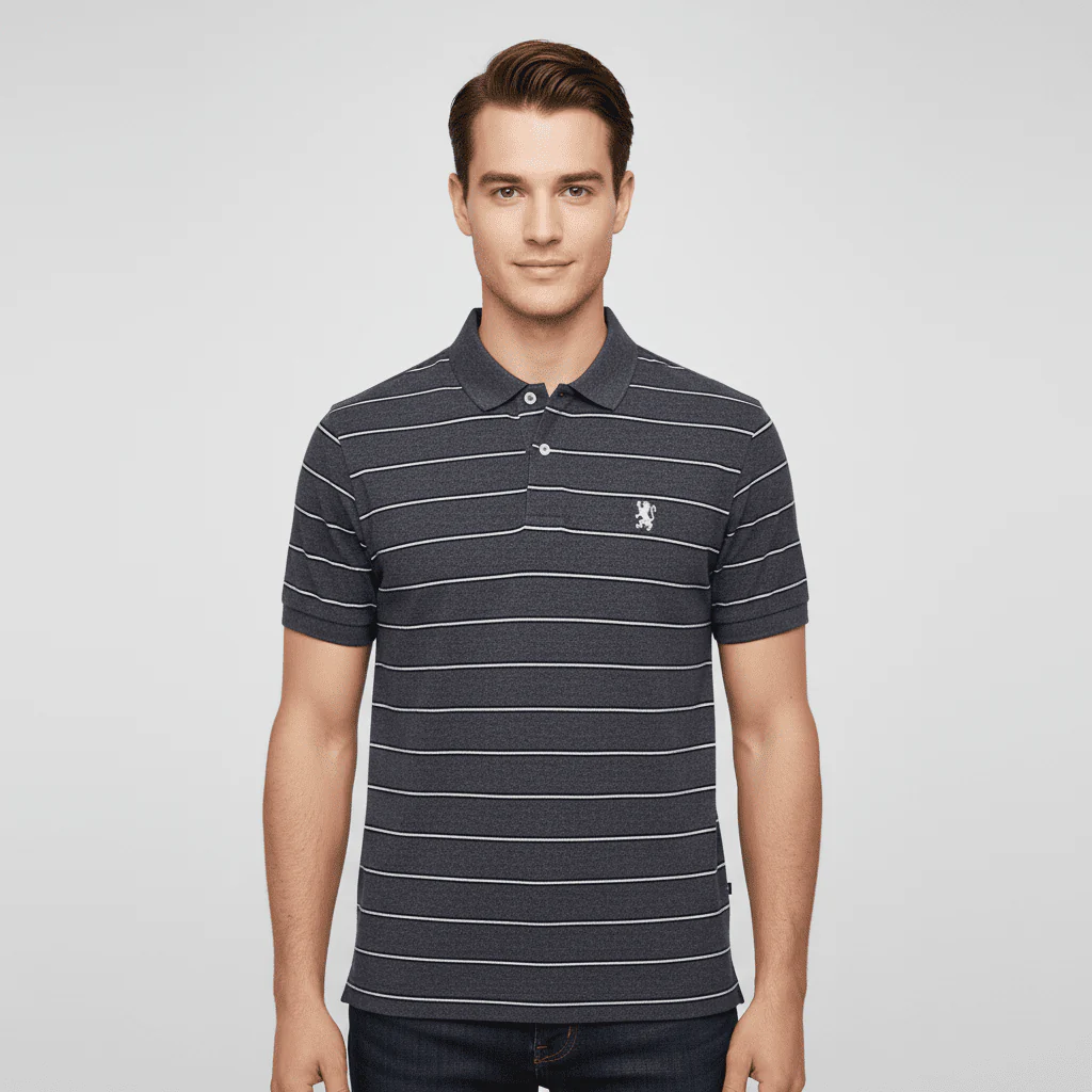 Cotton Pique Flat Knitted Collar Short Sleeve Stripe Polo