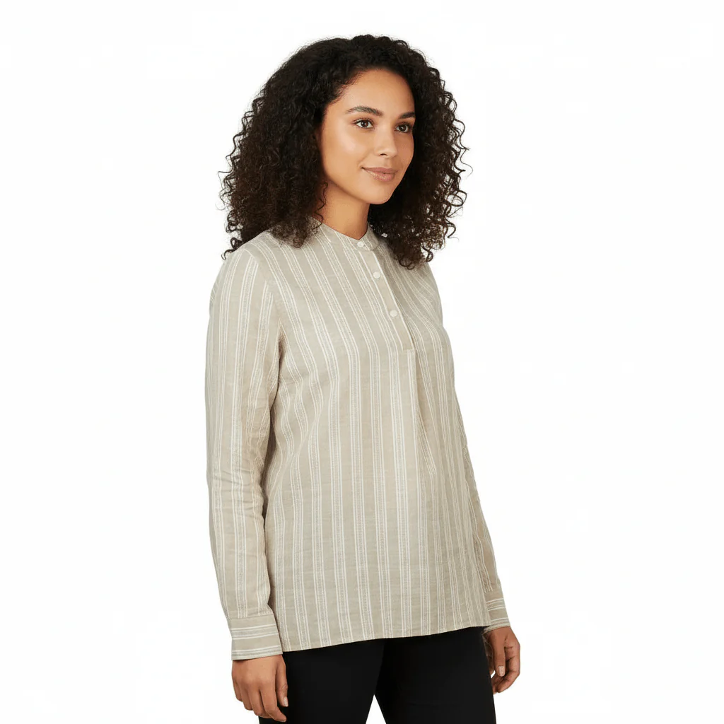 Women's Linen Cotton Dobby Shirt - Stand Collar, Garment Wash Comfort Fit