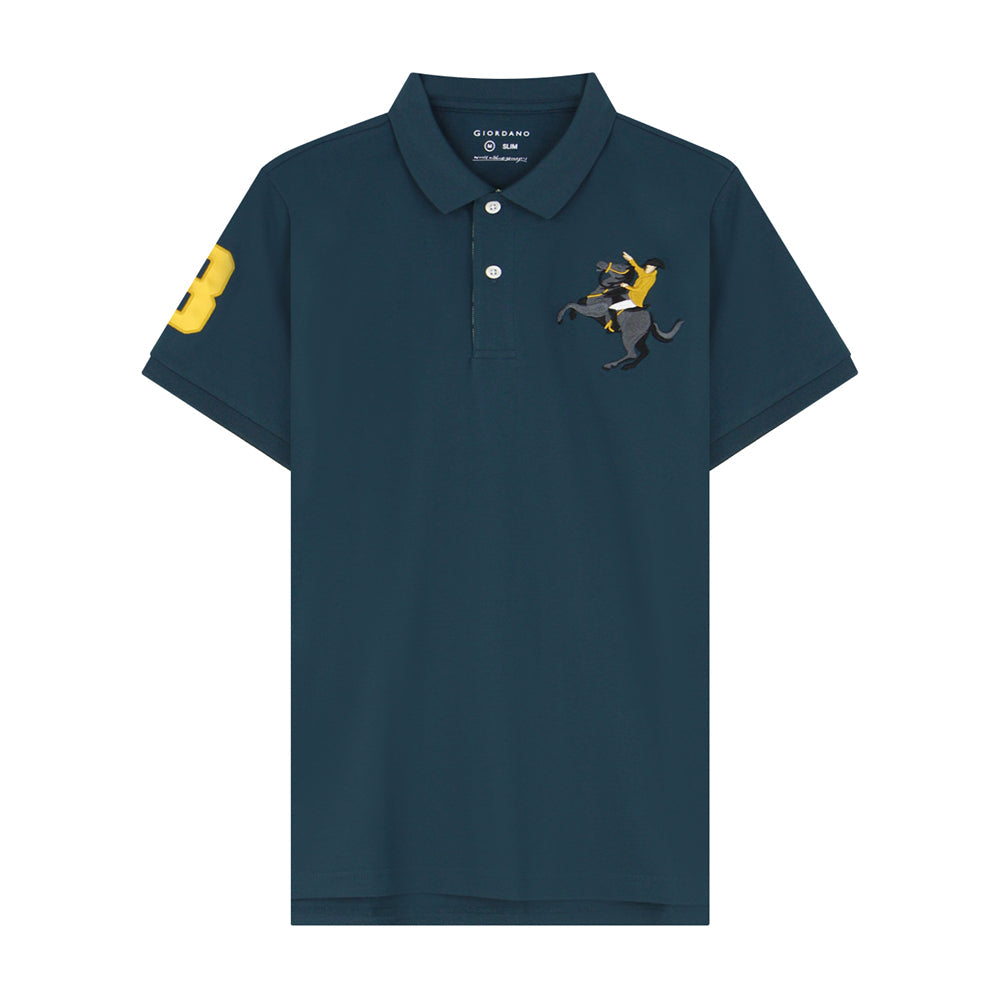 قميص بولو نابليون قصير الأكمام مطرز بتطريز رفيع، مصنوع من قماش البيكيه القطني/الليكرا، بياقة محبوكة مسطحة