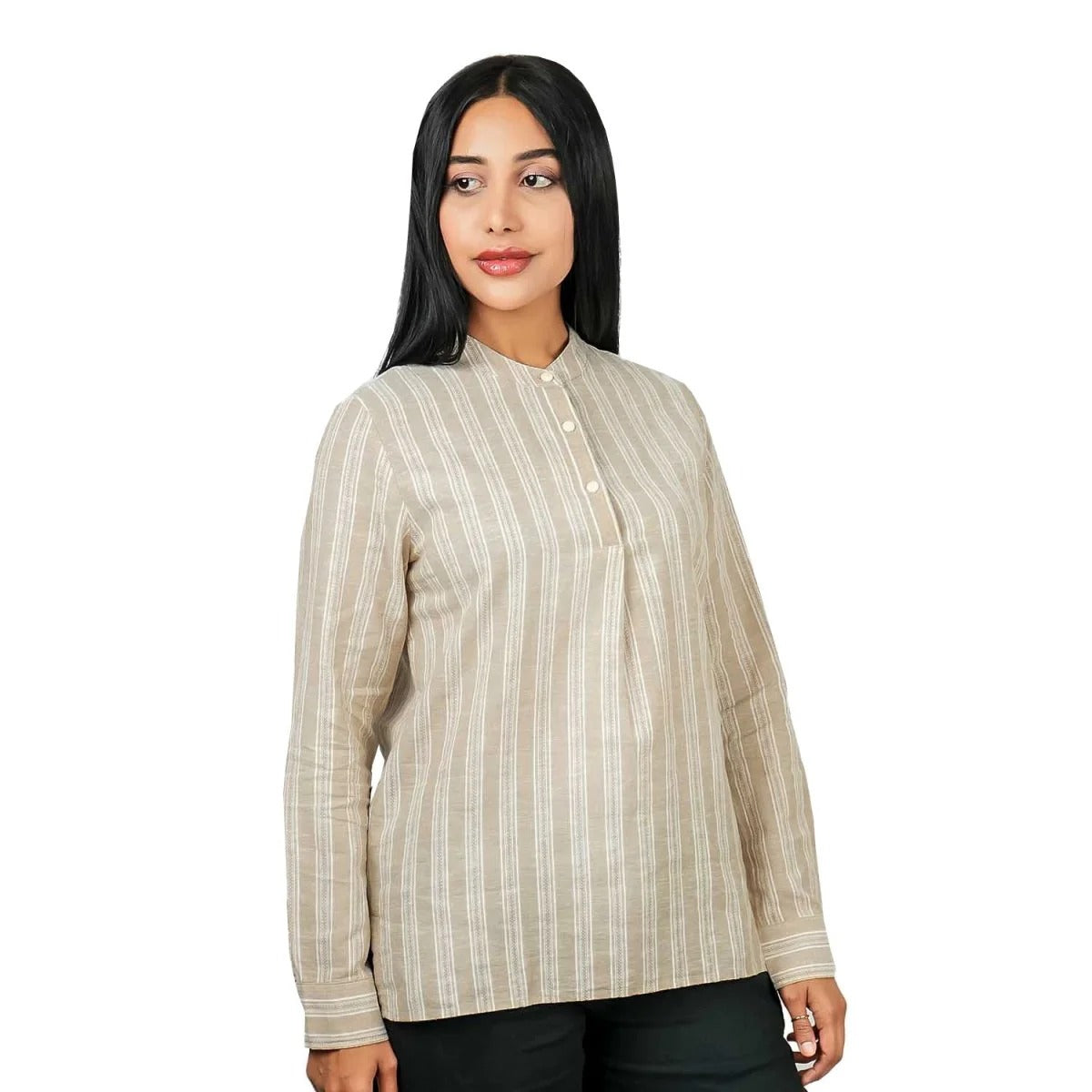 Women's Linen Cotton Dobby Shirt - Stand Collar, Garment Wash Comfort Fit