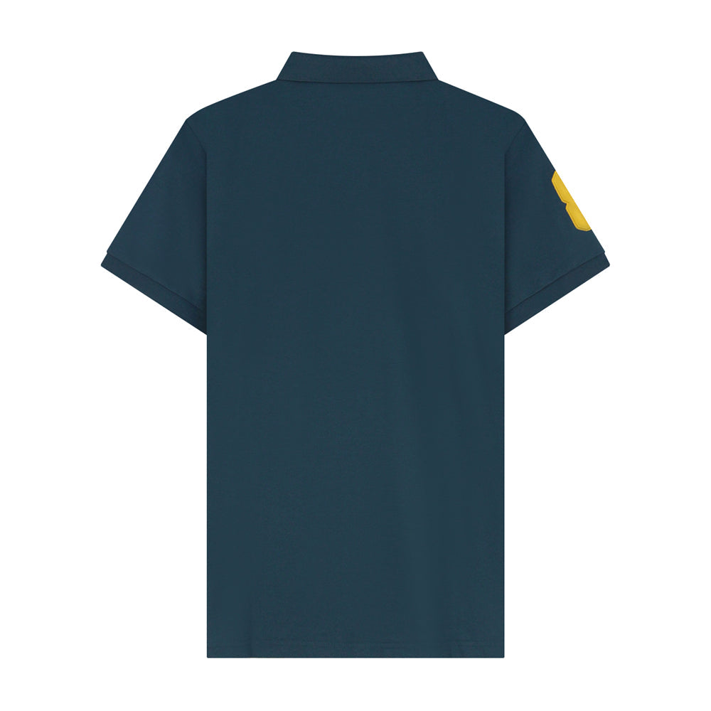 قميص بولو نابليون قصير الأكمام مطرز بتطريز رفيع، مصنوع من قماش البيكيه القطني/الليكرا، بياقة محبوكة مسطحة