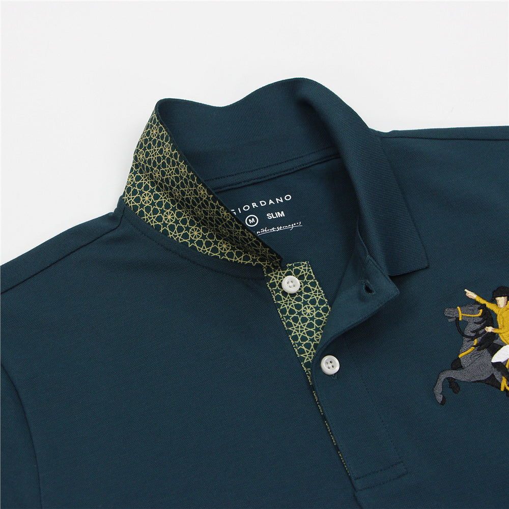 قميص بولو نابليون قصير الأكمام مطرز بتطريز رفيع، مصنوع من قماش البيكيه القطني/الليكرا، بياقة محبوكة مسطحة